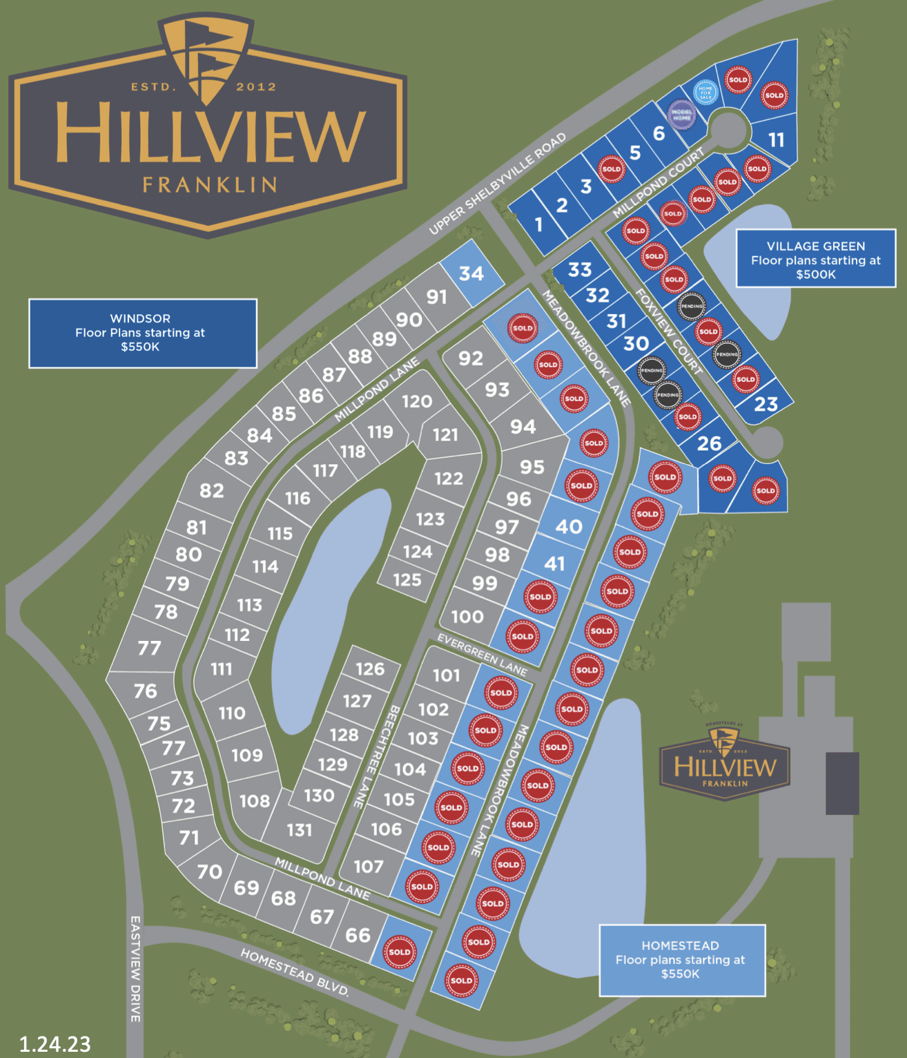 Map of Hillview custom homes and lots divided by sections