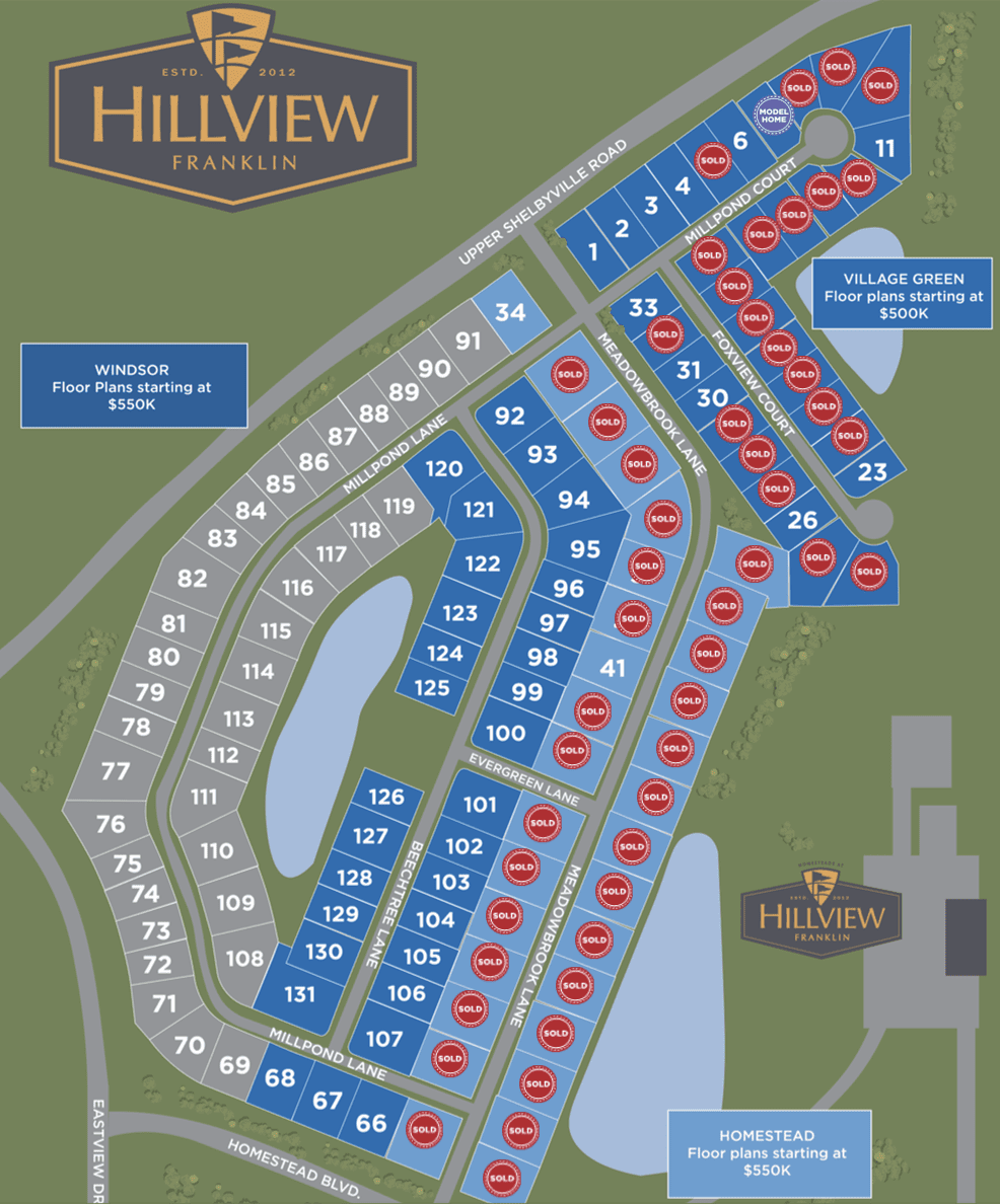 Map of Hillview custom homes and lots divided by sections
